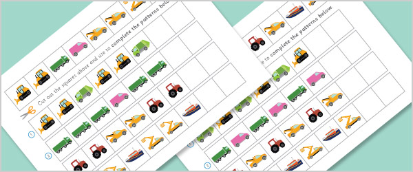 Complete the Pattern Worksheets: Work Vehicles