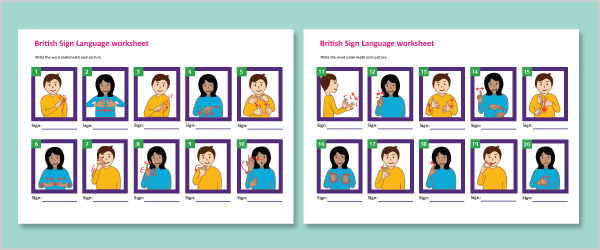 British Sign Language Basic Signs Worksheet