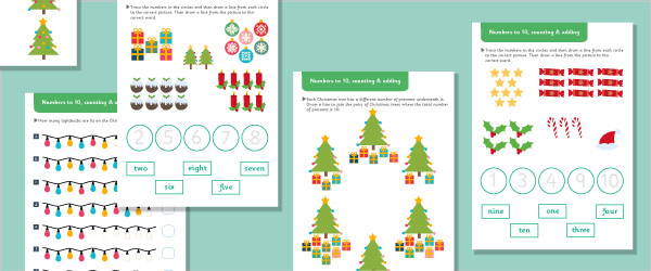 Early Learning Resources Christmas KS1 Maths Worksheets: Numbers to 10 ...